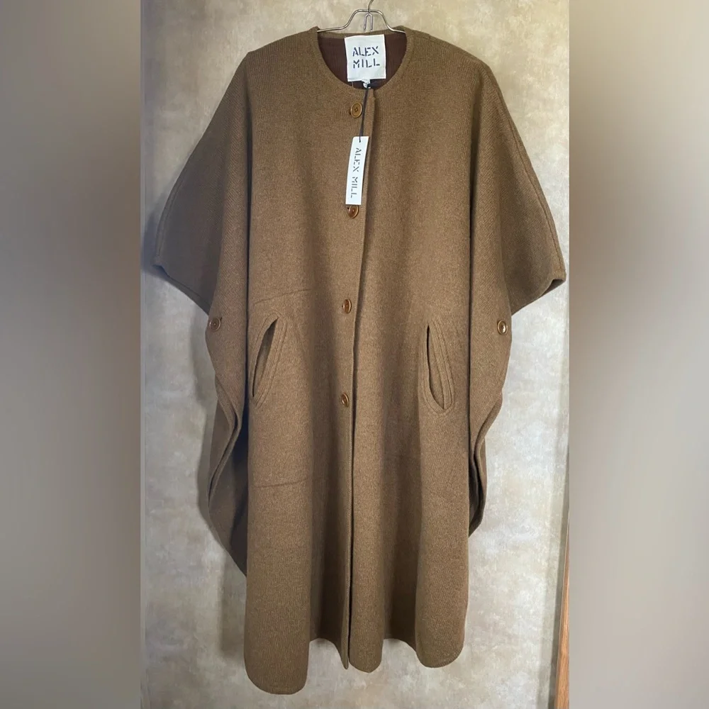 NWT Alex Mill 100% Wool Beatrice Sweater Cape Camel/Brown Pockets - Picture 4 of 9